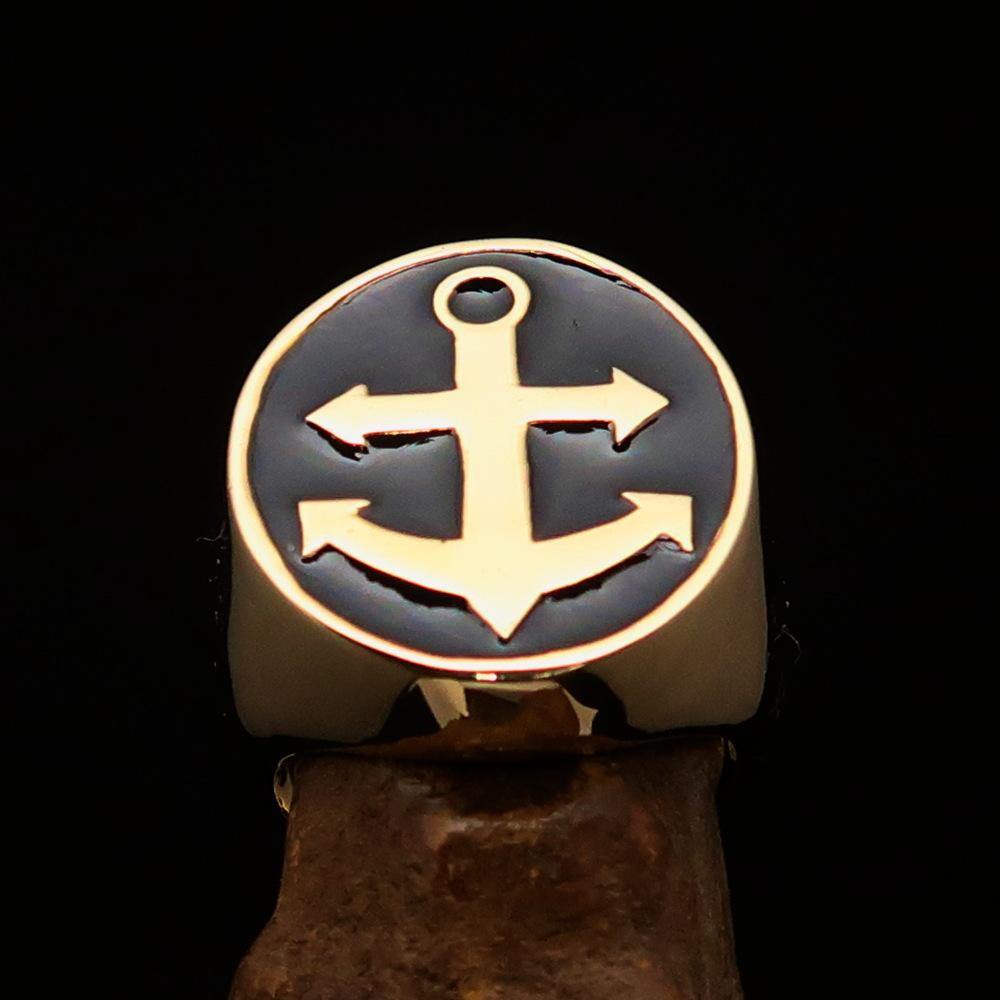 Men's Sailor Ring featuring a big anchor design in solid brass with a polished black enamel finish.