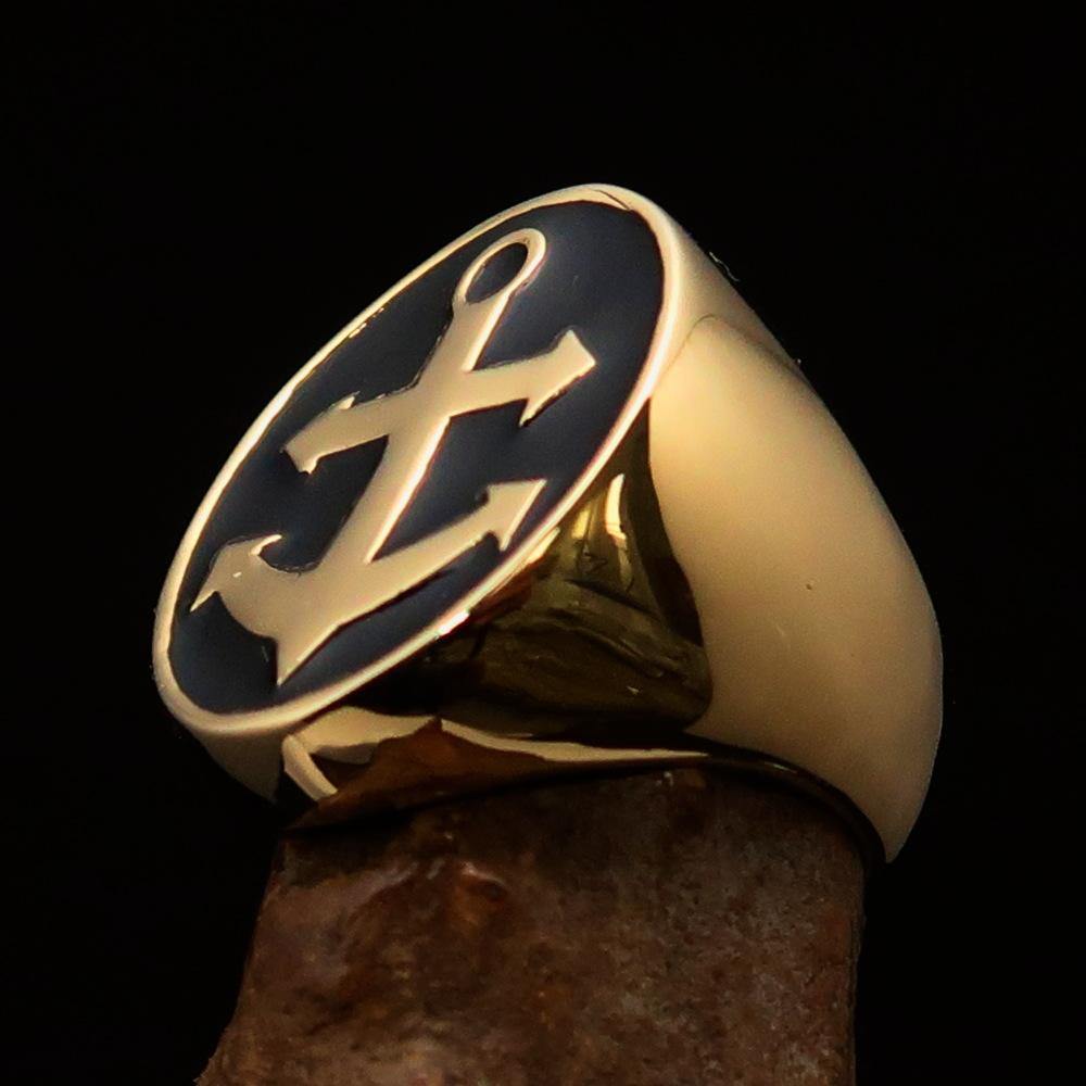 Men's Sailor Ring featuring a big anchor design in solid brass with a polished black enamel finish.