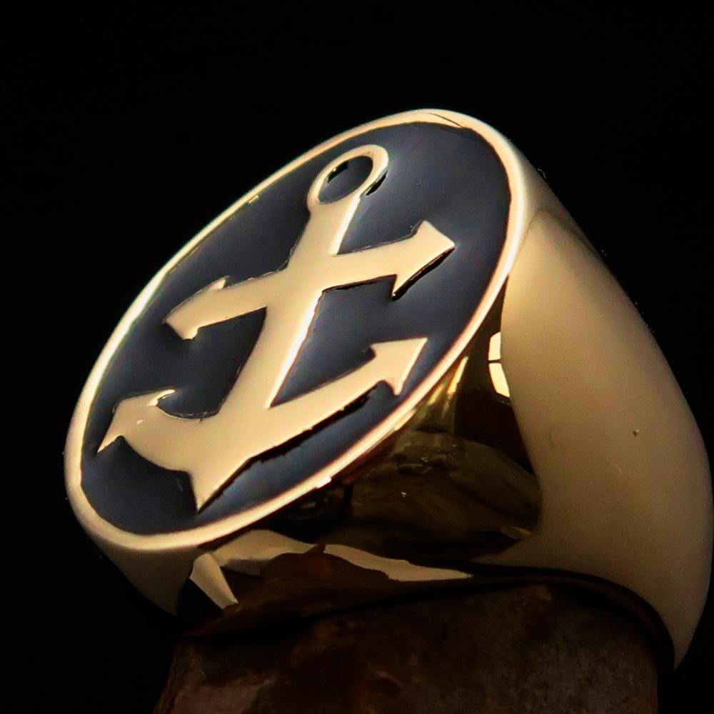 Men's Sailor Ring featuring a big anchor design in solid brass with a polished black enamel finish.