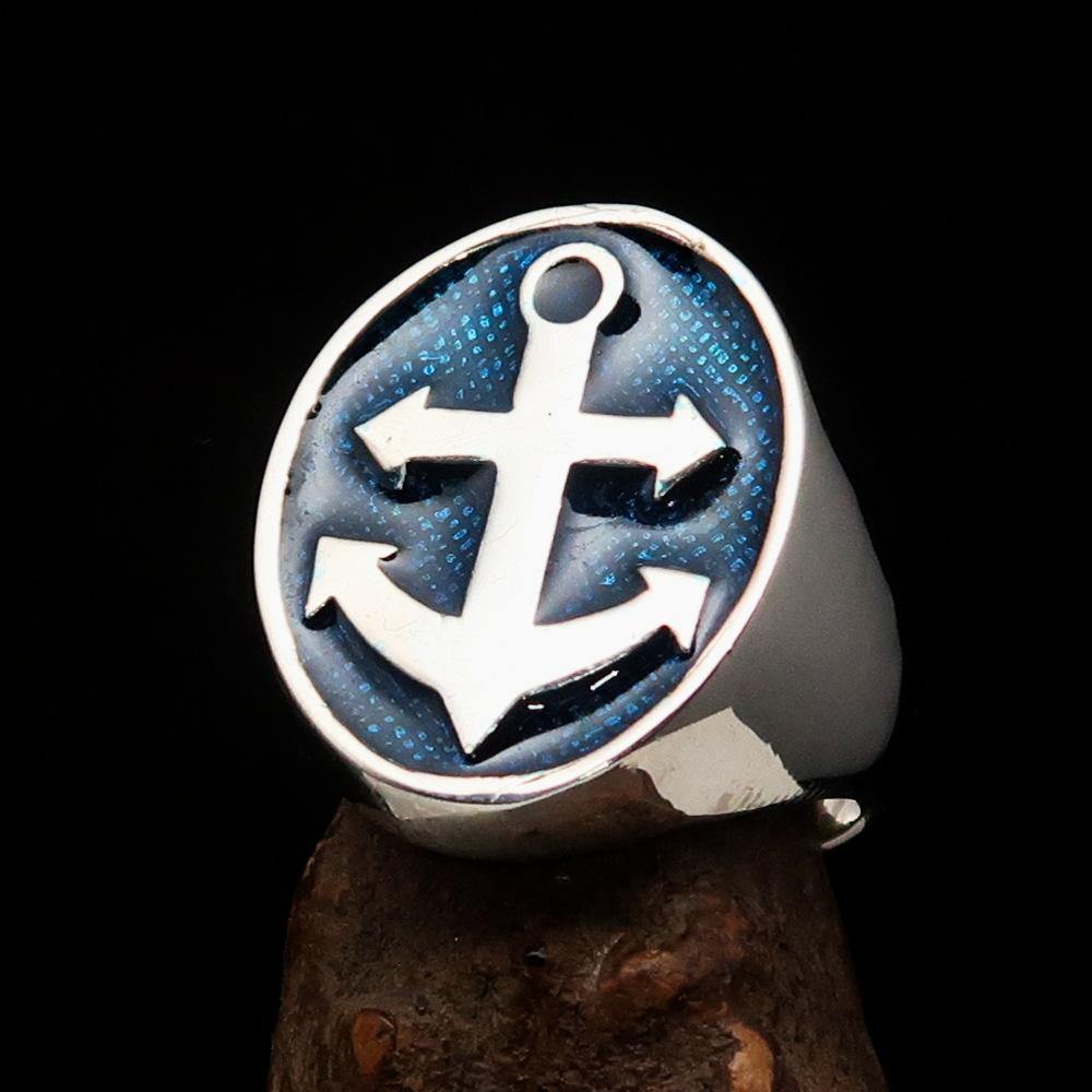 Men's Sailor Ring featuring a big anchor design in high-polished sterling silver with blue enamel accents.