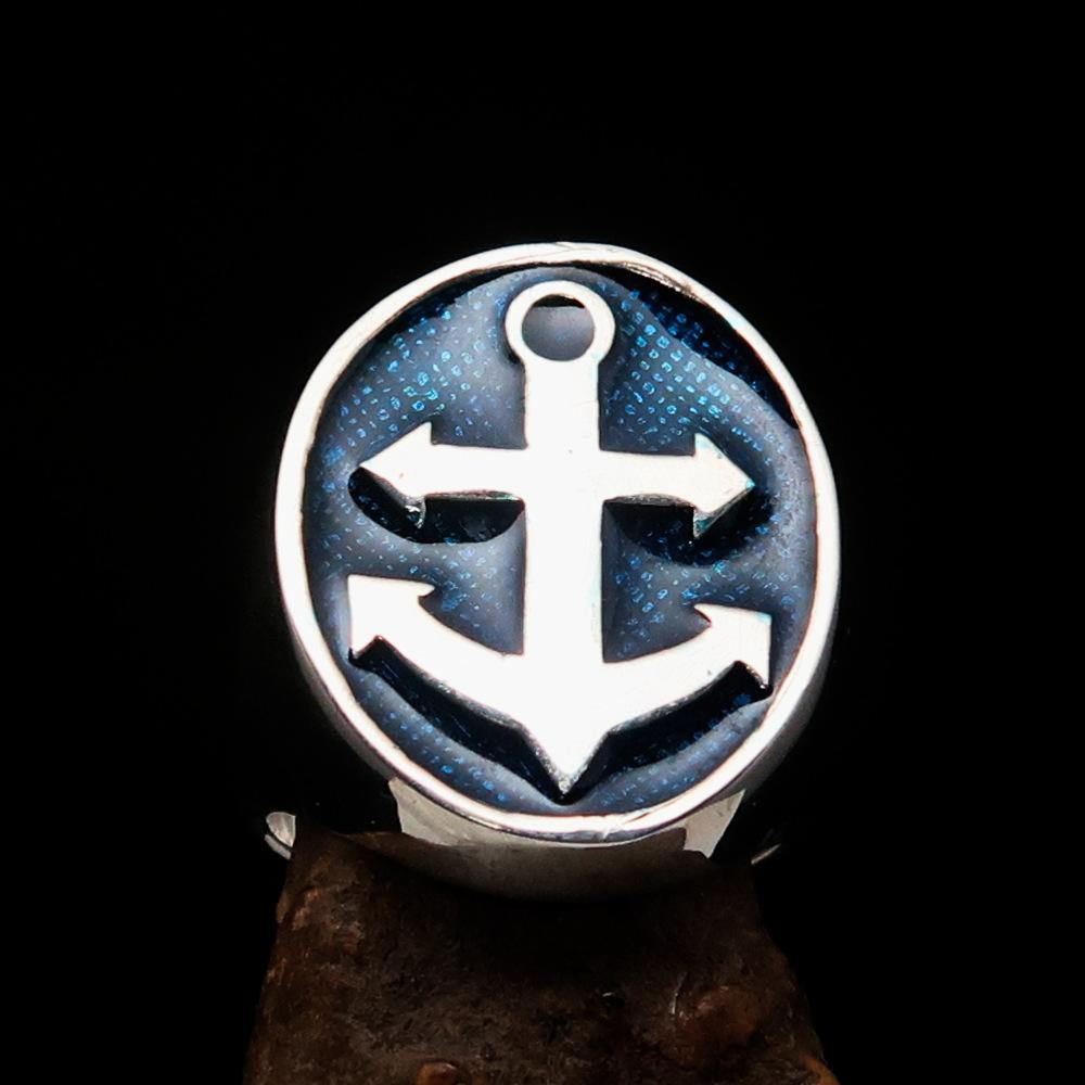 Men's Sailor Ring featuring a big anchor design in high-polished sterling silver with blue enamel accents.