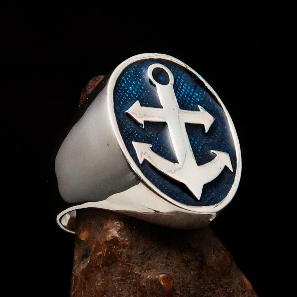 Men's Sailor Ring featuring a big anchor design in high-polished sterling silver with blue enamel accents.