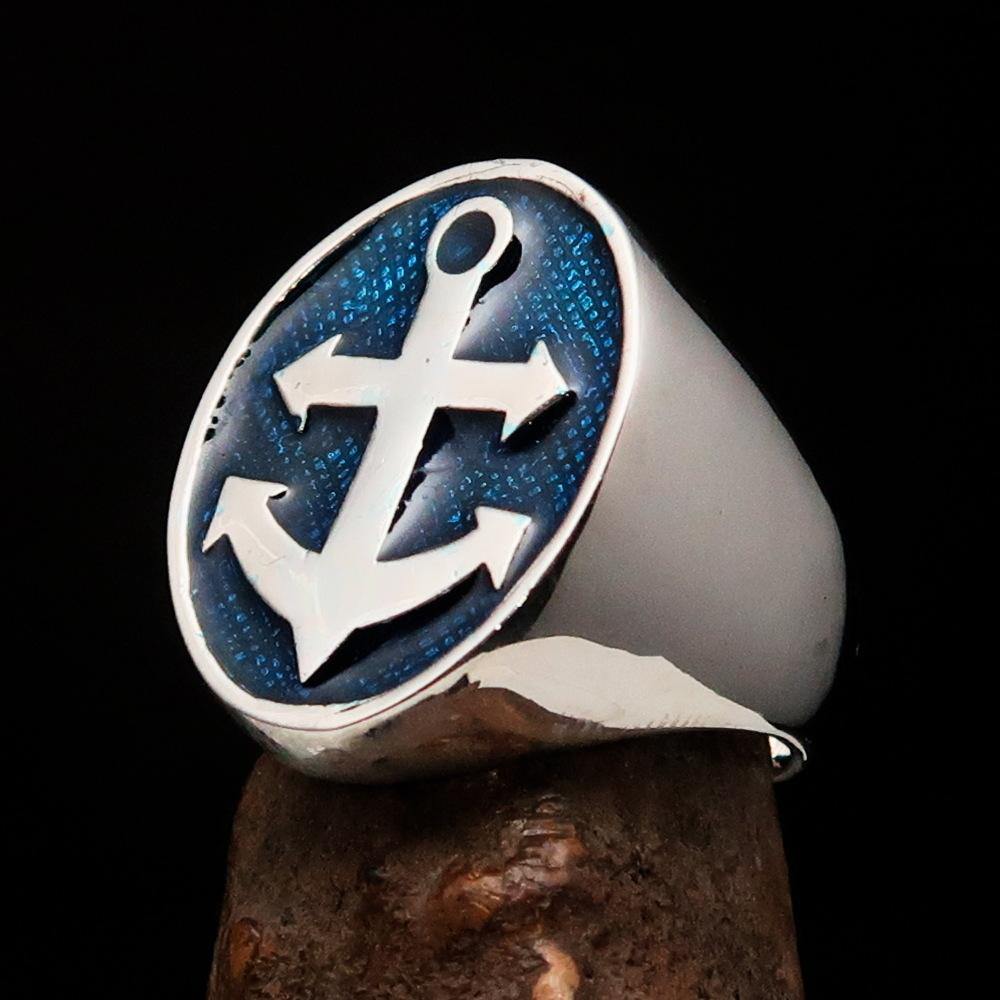 Men's Sailor Ring featuring a big anchor design in high-polished sterling silver with blue enamel accents.