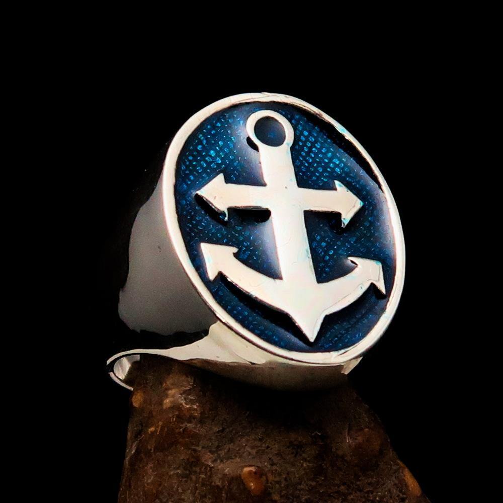 Men's Sailor Ring featuring a big anchor design in high-polished sterling silver with blue enamel accents.