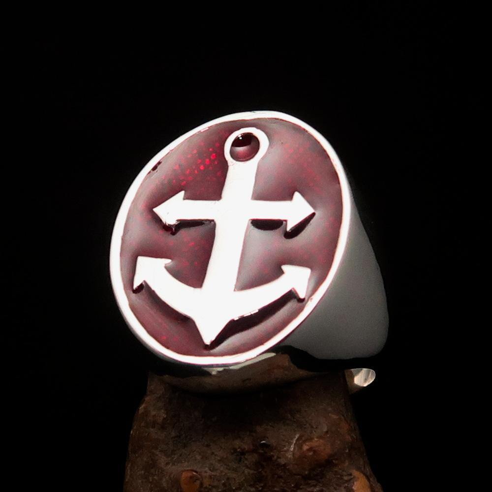 Men's Sailor Ring featuring a big anchor design in high-polished sterling silver with blue enamel accents.