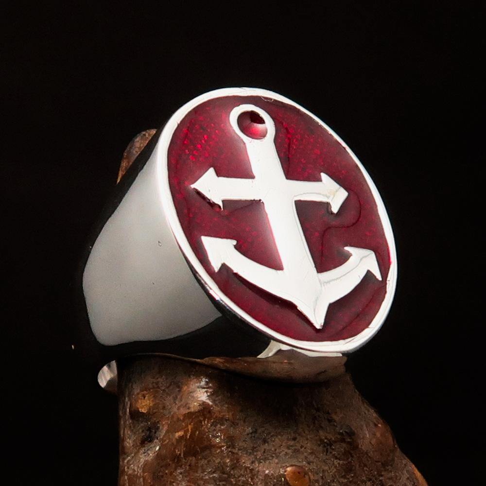 Men's Sailor Ring featuring a big anchor design in high-polished sterling silver with blue enamel accents.