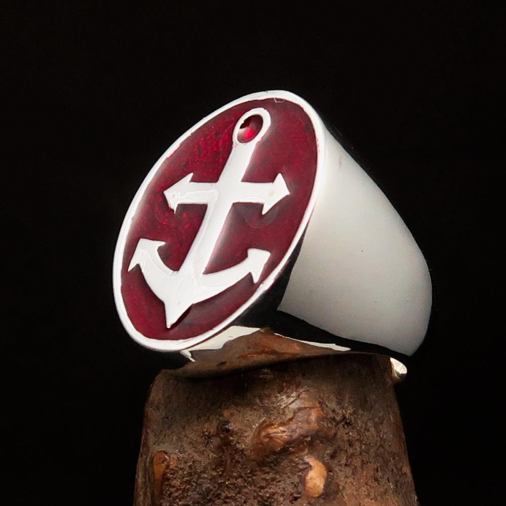 Men's Sailor Ring featuring a big anchor design in high-polished sterling silver with blue enamel accents.