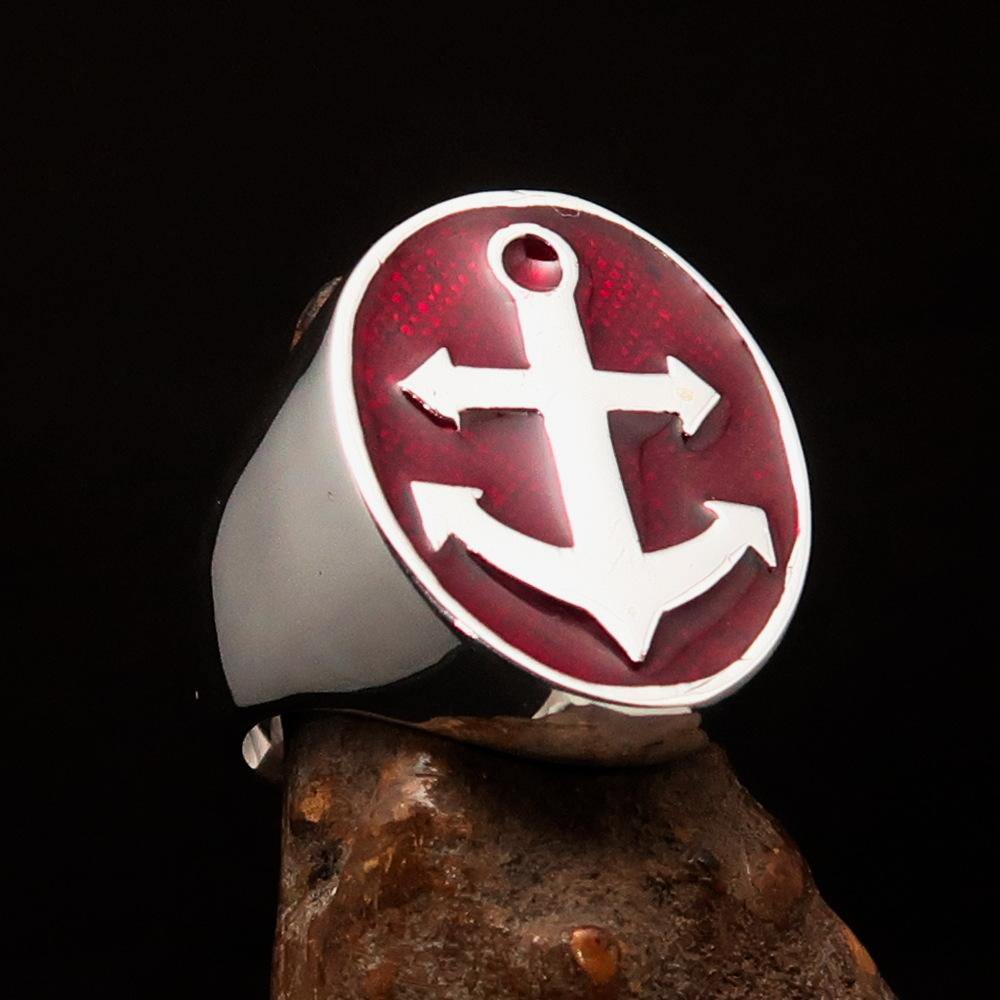 Men's Sailor Ring featuring a big anchor design in high-polished sterling silver with blue enamel accents.