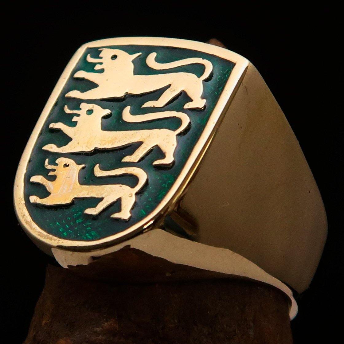 Men's Shield Ring featuring 3 green lions coat of arms, crafted from solid brass with a high polished finish and green enamel.