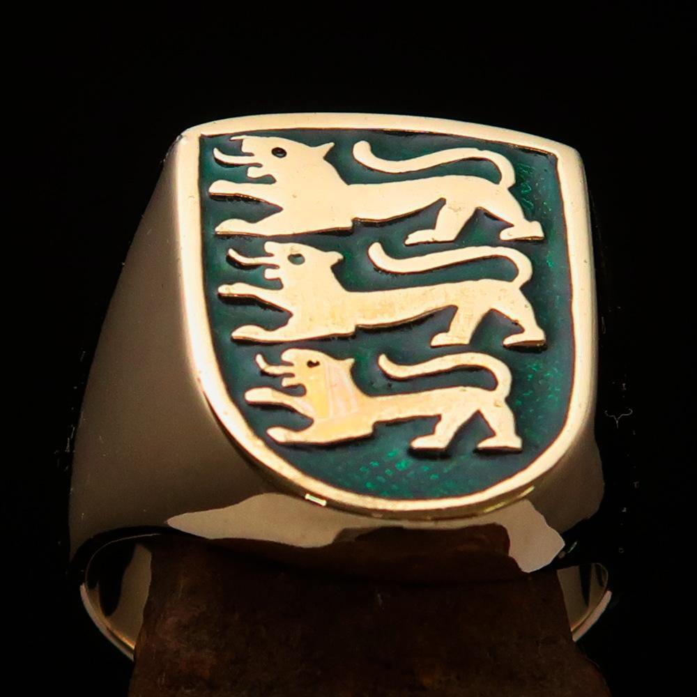 Men's Shield Ring featuring 3 green lions coat of arms, crafted from solid brass with a high polished finish and green enamel.