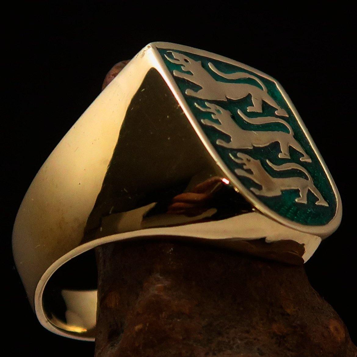 Men's Shield Ring featuring 3 green lions coat of arms, crafted from solid brass with a high polished finish and green enamel.