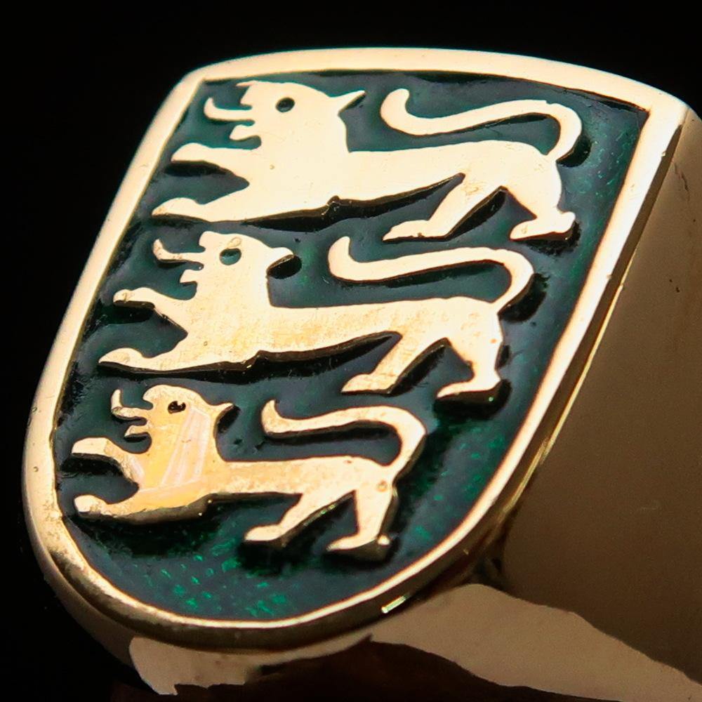 Men's Shield Ring featuring 3 green lions coat of arms, crafted from solid brass with a high polished finish and green enamel.