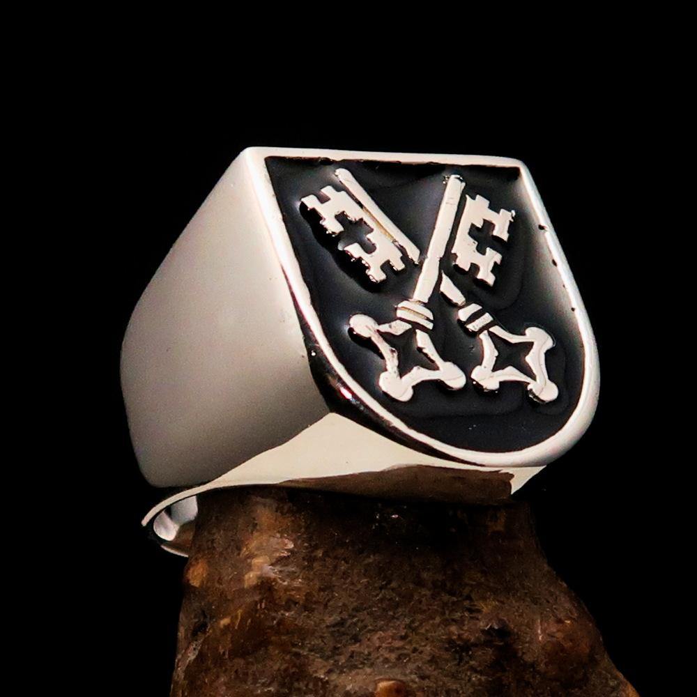 Men's Shield Ring with crossed skeleton keys, crafted from solid sterling silver with a high polish and black enamel finish.