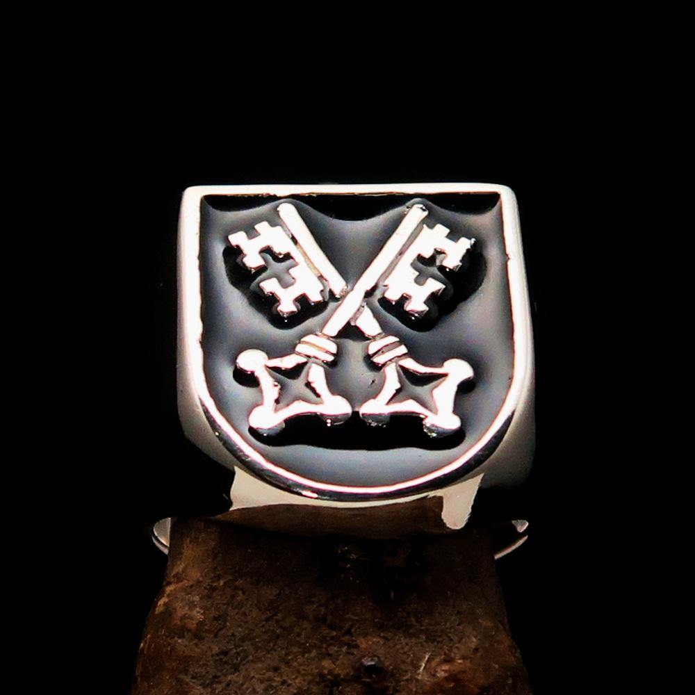 Men's Shield Ring with crossed skeleton keys, crafted from solid sterling silver with a high polish and black enamel finish.