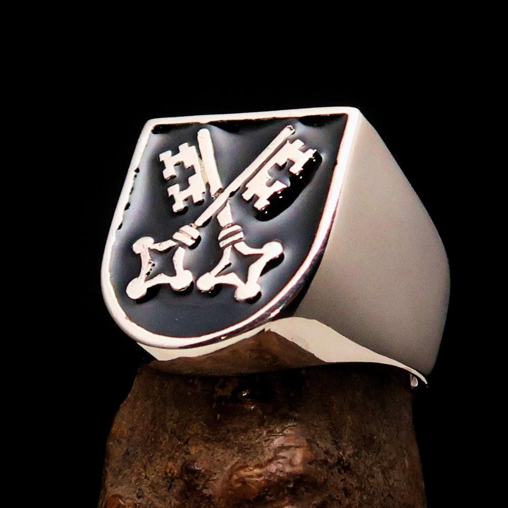 Men's Shield Ring with crossed skeleton keys, crafted from solid sterling silver with a high polish and black enamel finish.