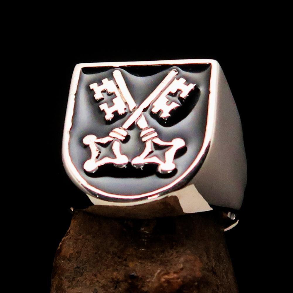 Men's Shield Ring with crossed skeleton keys, crafted from solid sterling silver with a high polish and black enamel finish.