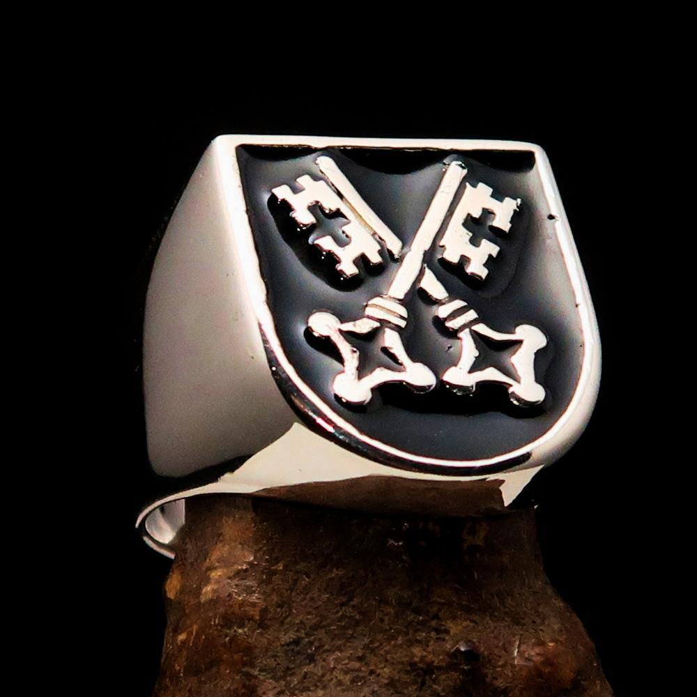 Men's Shield Ring with crossed skeleton keys, crafted from solid sterling silver with a high polish and black enamel finish.