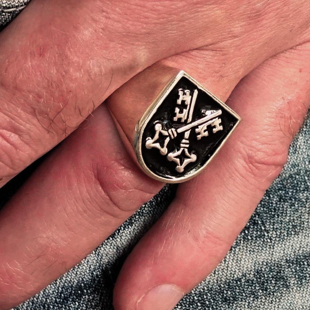 Men's Shield Ring with crossed skeleton keys, crafted from solid sterling silver with a high polish and black enamel finish.