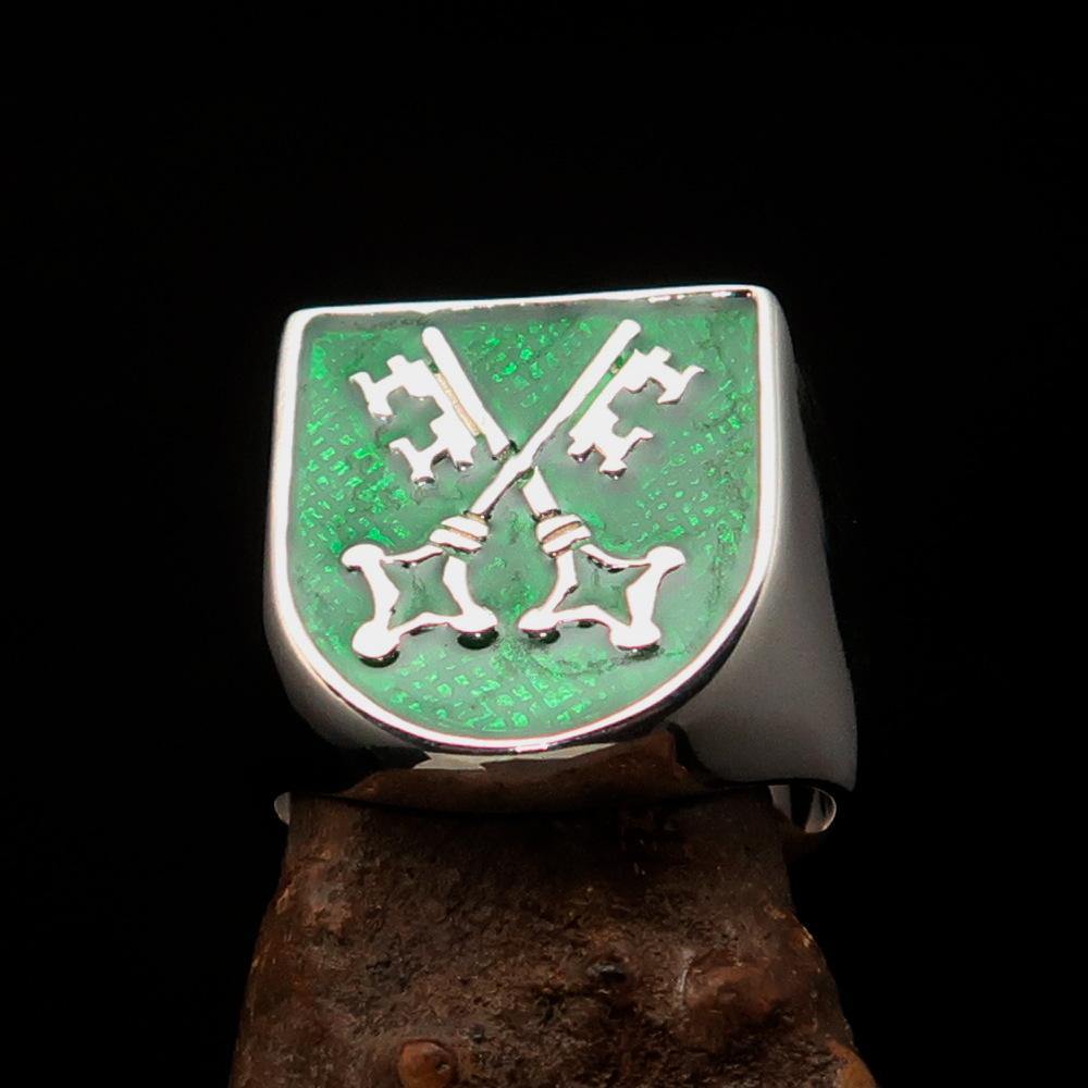 Men's Shield Ring featuring crossed skeleton keys with green enamel, crafted from solid sterling silver, hallmarked 925.