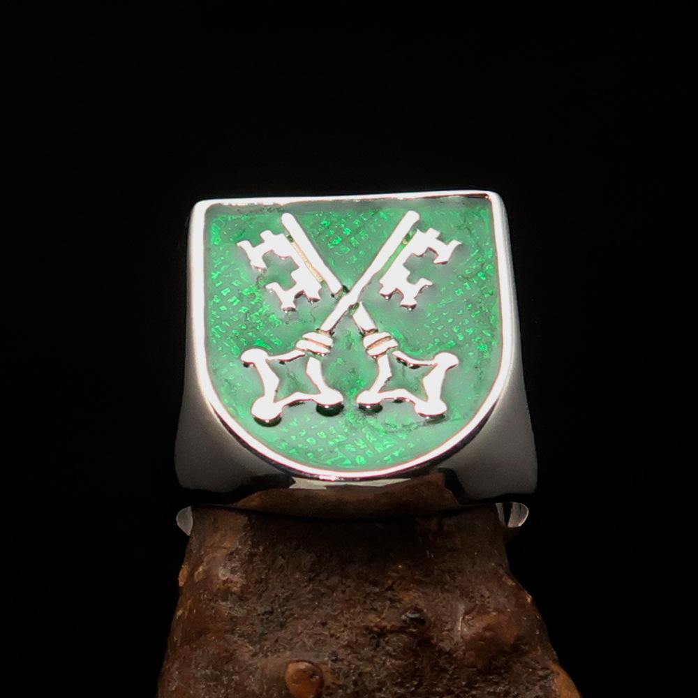 Men's Shield Ring featuring crossed skeleton keys with green enamel, crafted from solid sterling silver, hallmarked 925.