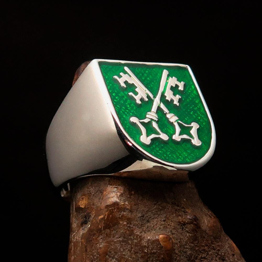 Men's Shield Ring featuring crossed skeleton keys with green enamel, crafted from solid sterling silver, hallmarked 925.