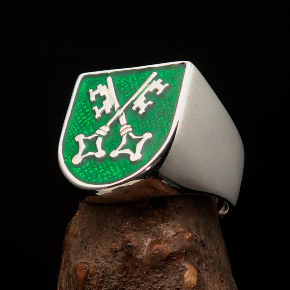 Men's Shield Ring featuring crossed skeleton keys with green enamel, crafted from solid sterling silver, hallmarked 925.