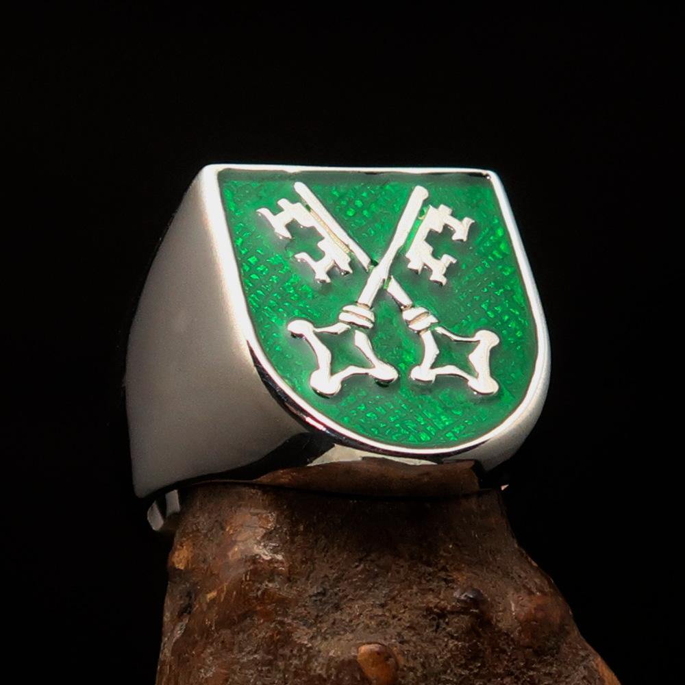 Men's Shield Ring featuring crossed skeleton keys with green enamel, crafted from solid sterling silver, hallmarked 925.