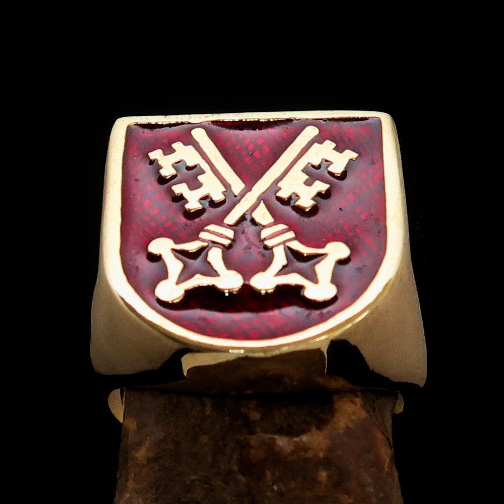 Men's Shield Ring featuring Crossed Skeleton Keys with a high polished finish and red enamel, showcasing medieval design.