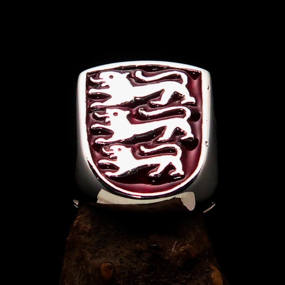 Men's Shield Ring made of sterling silver featuring a 3 Lions Coat of Arms design with red enamel accents.