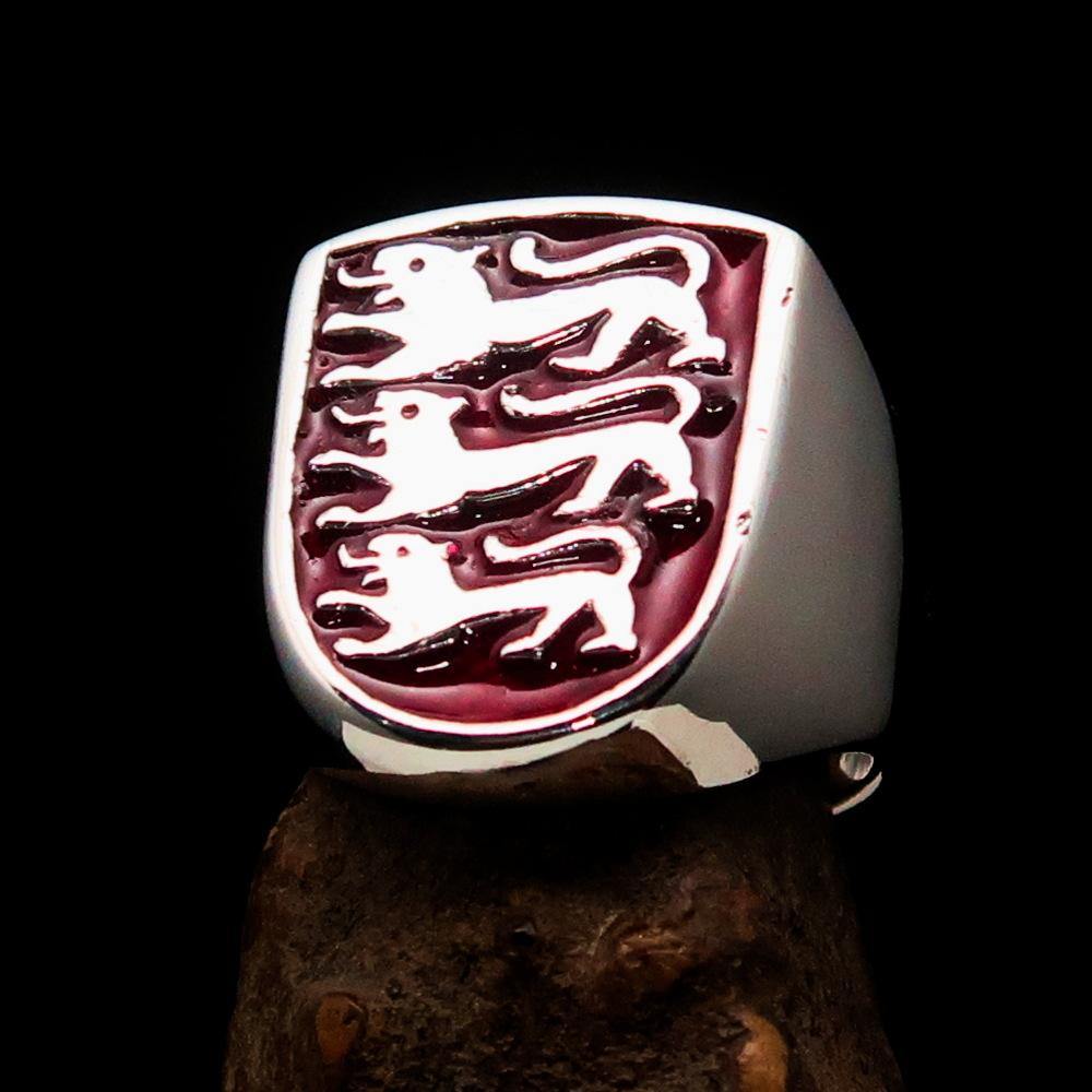 Men's Shield Ring made of sterling silver featuring a 3 Lions Coat of Arms design with red enamel accents.