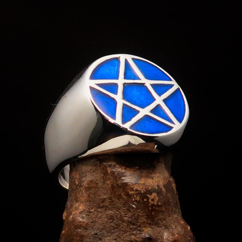 Men's Solid Line Pentagram Ring in Blue, crafted from sterling silver with high polish and blue enamel finish.