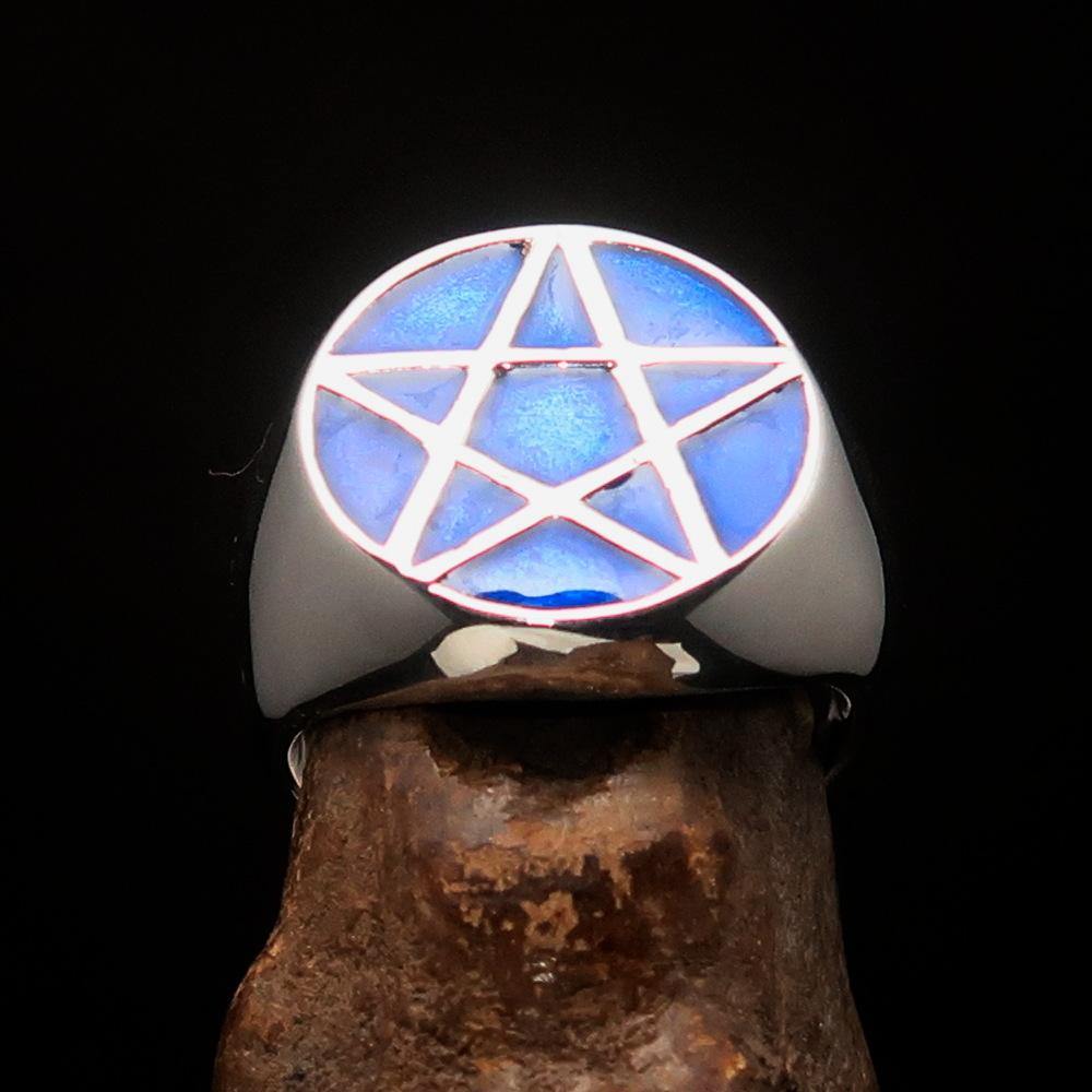 Men's Solid Line Pentagram Ring in Blue, crafted from sterling silver with high polish and blue enamel finish.