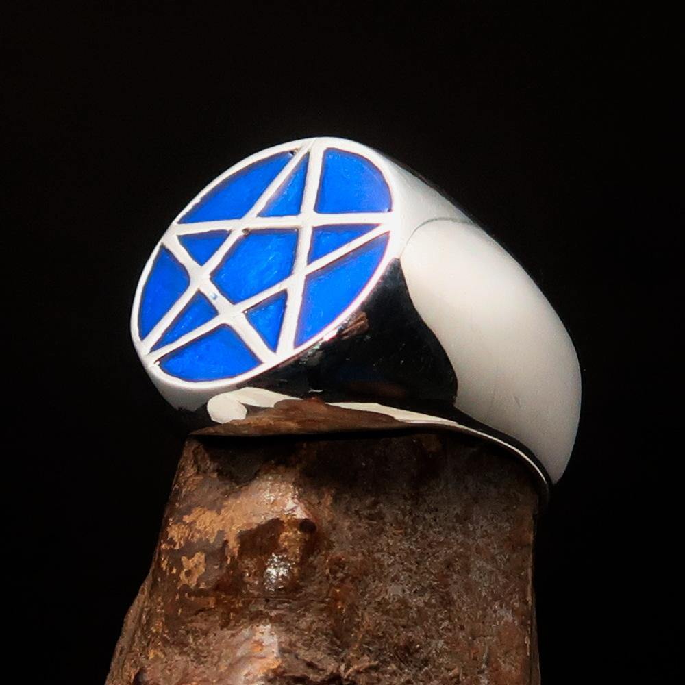 Men's Solid Line Pentagram Ring in Blue, crafted from sterling silver with high polish and blue enamel finish.