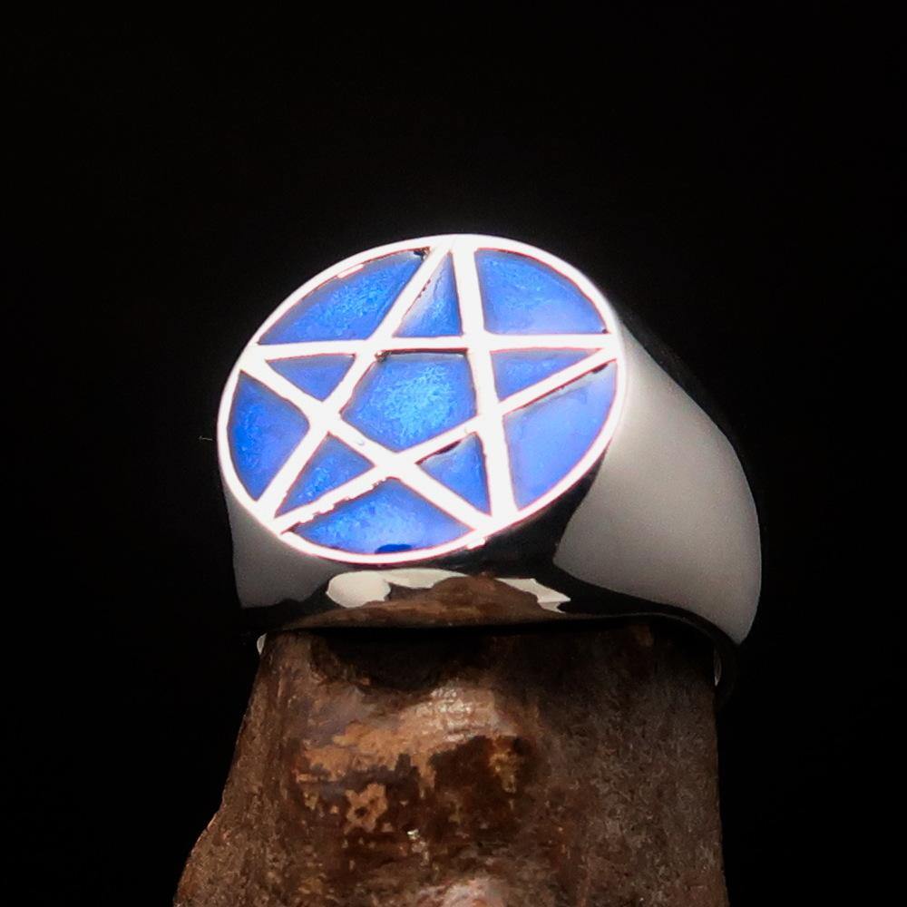 Men's Solid Line Pentagram Ring in Blue, crafted from sterling silver with high polish and blue enamel finish.