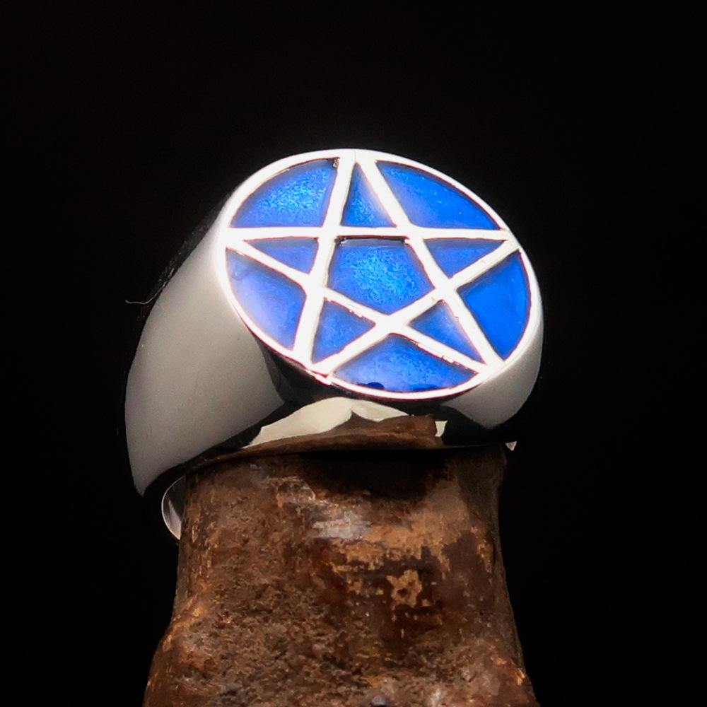 Men's Solid Line Pentagram Ring in Blue, crafted from sterling silver with high polish and blue enamel finish.