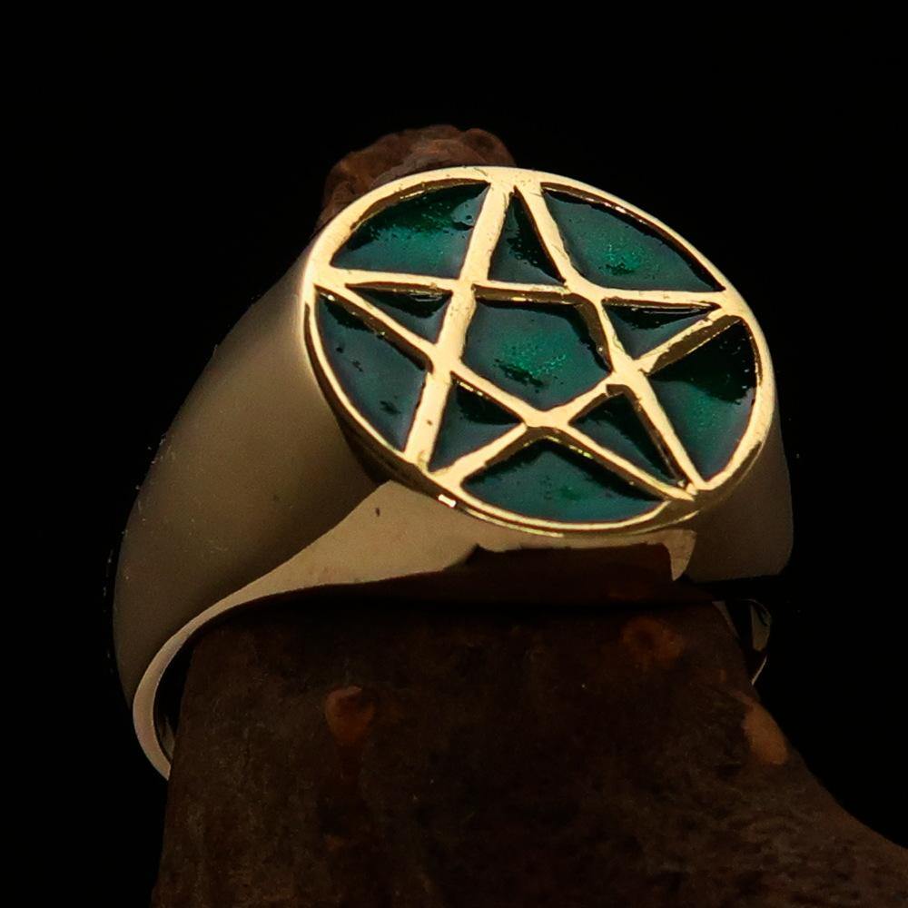 Men's Solid Line Pentagram Ring in Green, crafted from high-polished brass with vibrant green enamel finish.