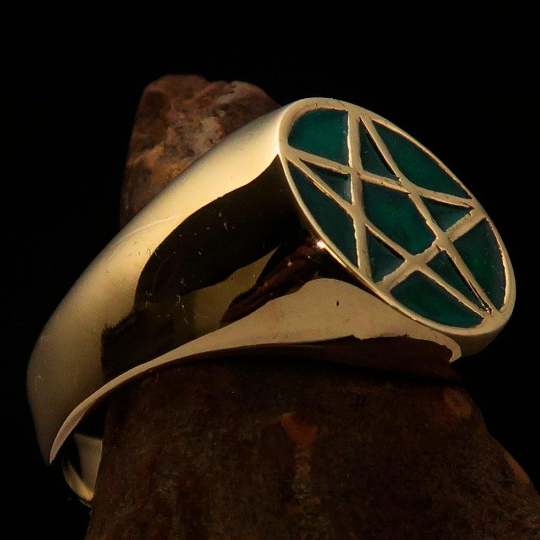 Men's Solid Line Pentagram Ring in Green, crafted from high-polished brass with vibrant green enamel finish.