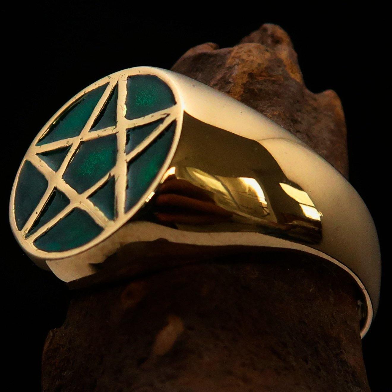 Men's Solid Line Pentagram Ring in Green, crafted from high-polished brass with vibrant green enamel finish.