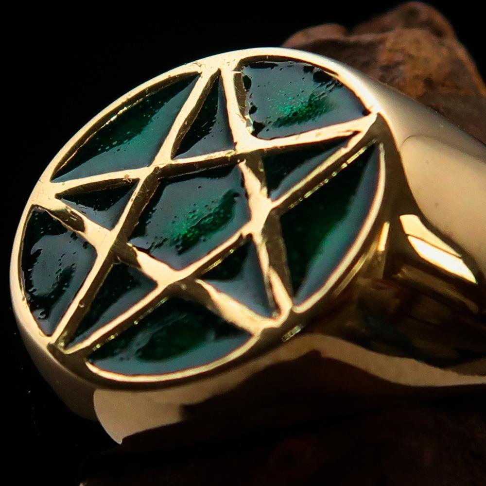 Men's Solid Line Pentagram Ring in Green, crafted from high-polished brass with vibrant green enamel finish.