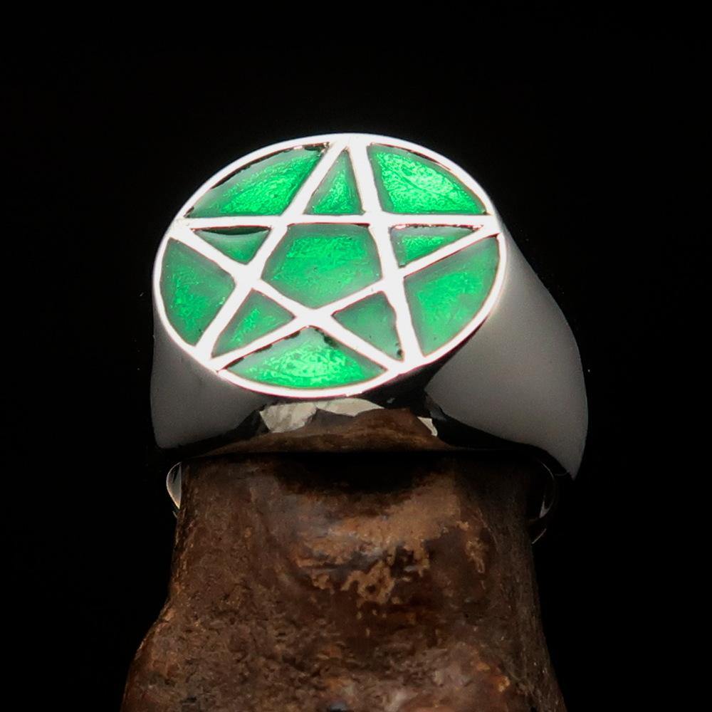 Men's Solid Line Pentagram Ring in green enamel, crafted from high-quality sterling silver with a polished finish.