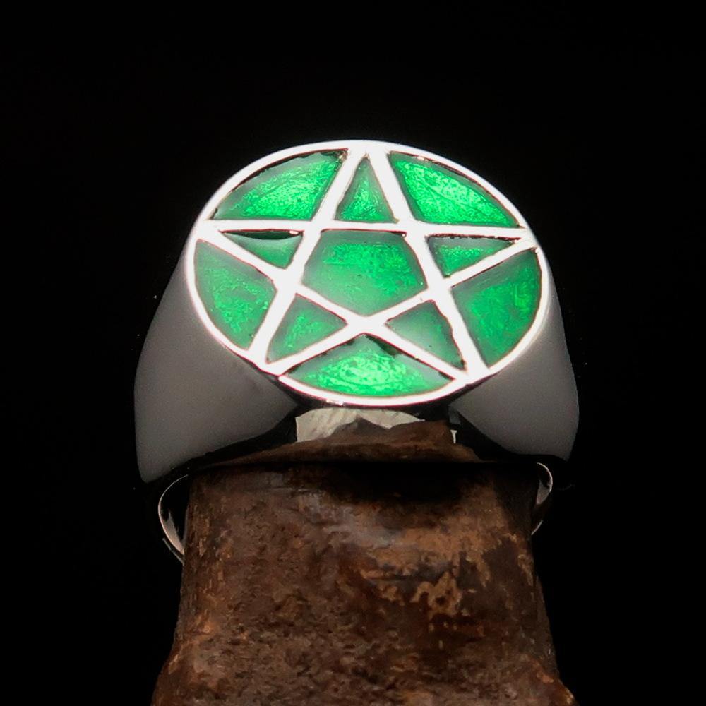 Men's Solid Line Pentagram Ring in green enamel, crafted from high-quality sterling silver with a polished finish.