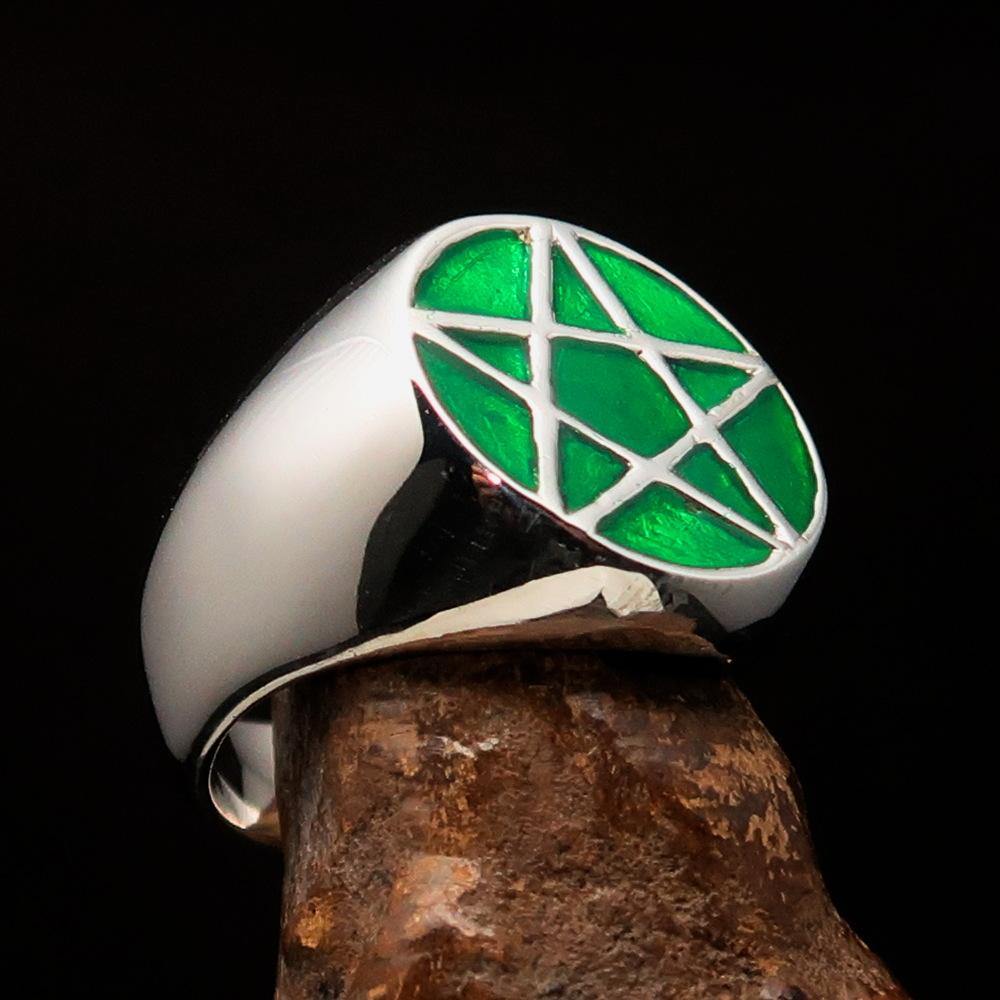 Men's Solid Line Pentagram Ring in green enamel, crafted from high-quality sterling silver with a polished finish.