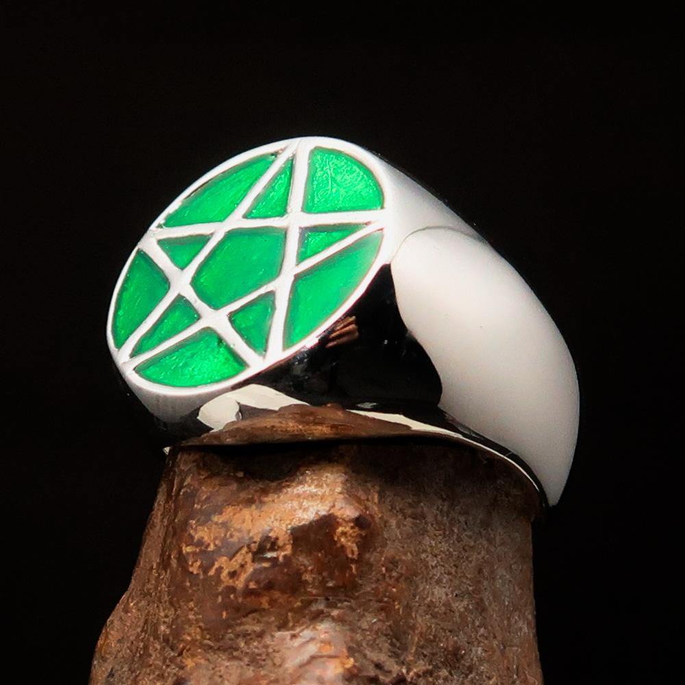 Men's Solid Line Pentagram Ring in green enamel, crafted from high-quality sterling silver with a polished finish.