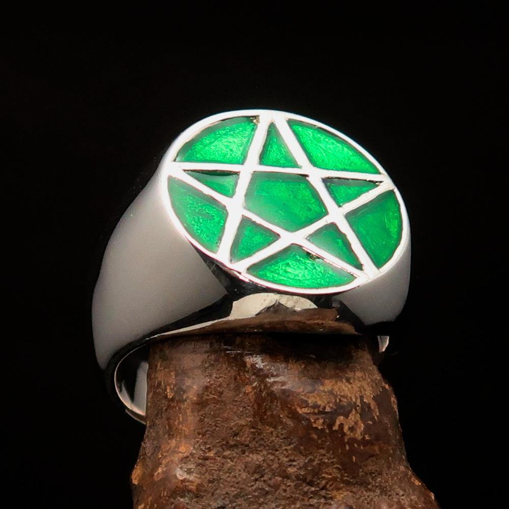 Men's Solid Line Pentagram Ring in green enamel, crafted from high-quality sterling silver with a polished finish.