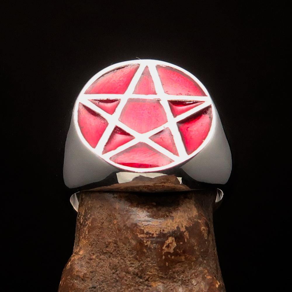 Men's Solid Line Pentagram Ring in red enamel, crafted from high-quality sterling silver with a polished finish.