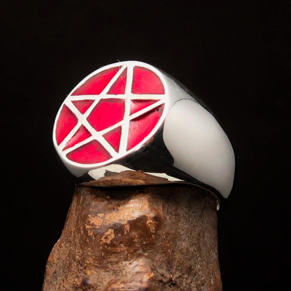 Men's Solid Line Pentagram Ring in red enamel, crafted from high-quality sterling silver with a polished finish.