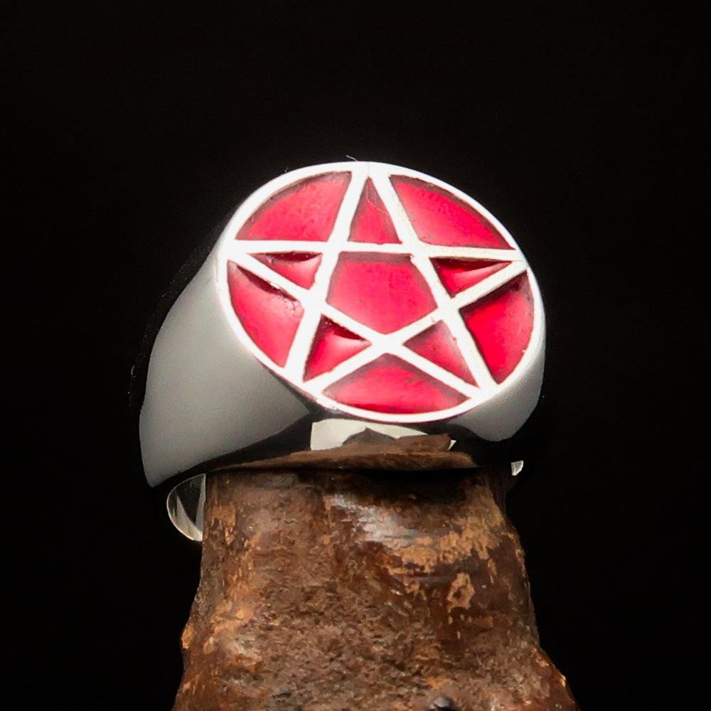 Men's Solid Line Pentagram Ring in red enamel, crafted from high-quality sterling silver with a polished finish.