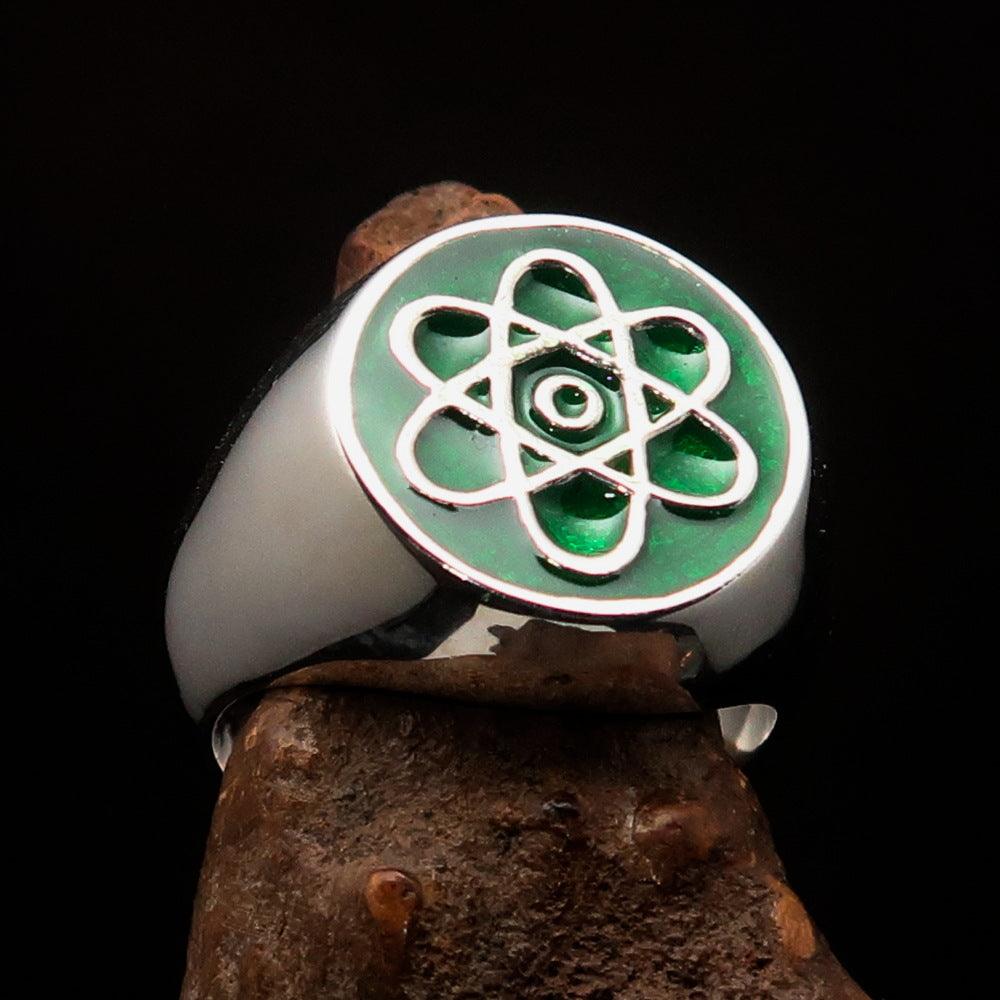 Men's Teacher Ring made of solid sterling silver featuring an atom symbol design with vibrant green enamel finish.