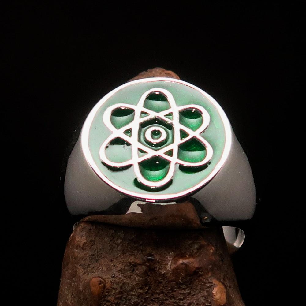 Men's Teacher Ring made of solid sterling silver featuring an atom symbol design with vibrant green enamel finish.