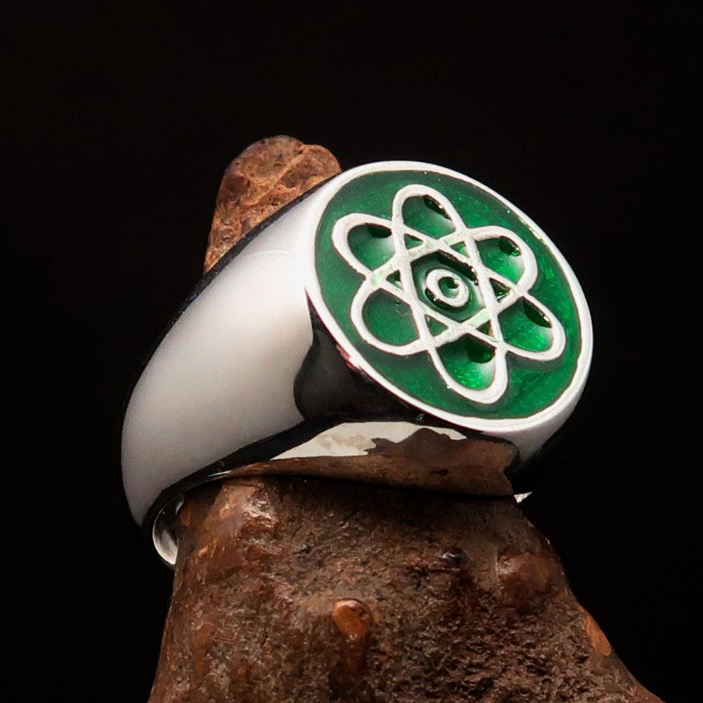 Men's Teacher Ring made of solid sterling silver featuring an atom symbol design with vibrant green enamel finish.